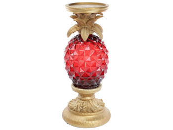 Подсвечник со стеклянной вставкой и LED подсветкой Ананас, 32,5см, цвет - красный, золото