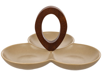 Менажница Natural Serving Grey фарфоровая на 3 секции с деревянной ручкой, 24×23×13 см