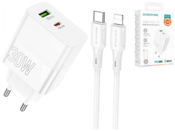 Мережевий Зарядний Пристрій Borofone BA75A Powerfull PD+QC 30W Type-C to Lightning, Бiлий