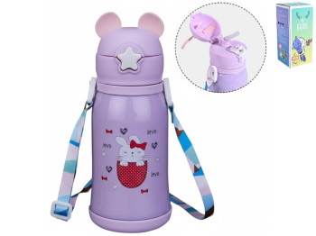 Термос детский, с трубочкой, ремешок, 500мл, металл, пластик, цвет сиреневый