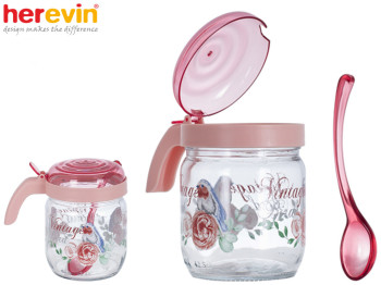 Банка скляна Herevin "Vintage Birds" з пластиковою кришкою і ложкою 425мл 48607