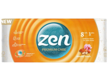Папір туалетний Zen Premium Care Almond Touch, 3 шари, 8 рулонів, 18,9 м, колір білий