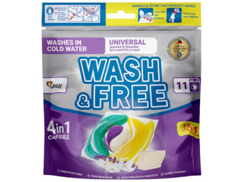 Капсулы для стирки Wash&Free, универсальные, жасмин и лаванда с марсельским мылом, 11шт, дойпак