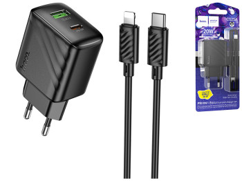 Мережевий зарядний пристрій Hoco CS25A 1USB-C/1USB PD/QC 20W+Type-C to Lightning, колір чорний