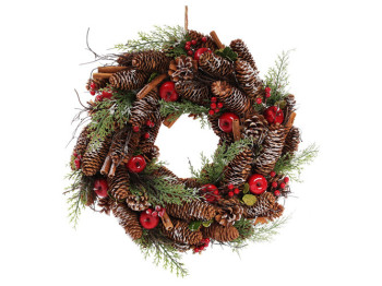 Венок новогодний с декором из ягод и шишек, D40см