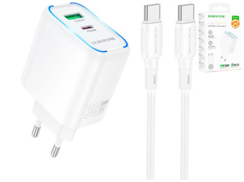 Зарядний пристрій Borofone BA89A, 1USB-C, 1USB, PD/QC 30Вт, кабель Type-C, колір білий