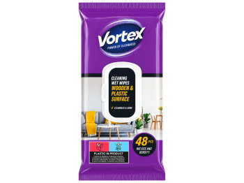 Салфетки влажные хозяйственные Vortex, для мебели, дерева, пластика и металла, с клапаном, 48 шт