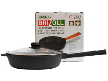 Сковорода чугунная со стеклянной крышкой Brizoll, 24х6,15см, с ручкой Optima-Black, O2460-P1-C