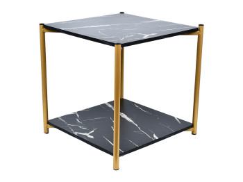 Стол журнальный, двухъярусный, чёрный мрамор, золото, 40×40×43см