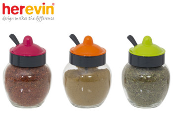 Спецовница с ложкой Herevin Spice Combine Colours MIX стеклянная 370мл 83516