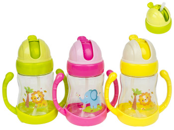 Чашка-поилка пластиковая детская с ручками 12,5х7,5х15,5см 300мл. Крышка-зажим для трубочки 91252