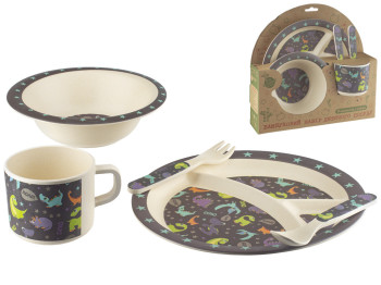 Набор детской бамбуковой посуды 5 предметов Stenson Динозавры (тарелки, вилка, ложка, чашка)