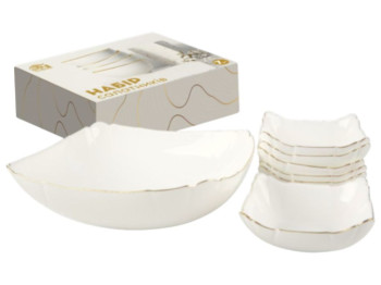 Набор салатников S&T, 7 штук, 1.5 л и 6 по 200 мл, золотой кант, стеклокерамика, цвет белый