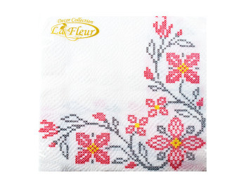 Салфетка La Fleur "Вышитые цветы" 33х33см 2 слоя 20шт красная