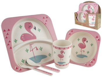 Набор детской бамбуковой посуды 5 предметов Stenson Фламинго (2 тарелки, вилка, ложка, стакан)