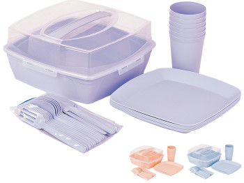 Набор посуды для пикника Plastart на 6 персон, в боксе с ручкой микс (цена за набор 30 предметов)