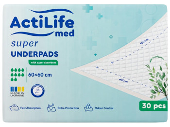 Пелёнки гигиенические ActiLife Med Super, одноразовые, нетканый материал, целлюлоза, 60×60см, 30шт