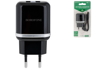 Мережевий Зарядний Пристрій Borofone BA25A Lightning 2USB 2.4A, Колір Чорний