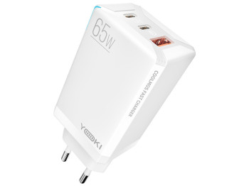 Сетевое зарядное устройство Yoki Led Series, USB-A + 2×Type-C, 65W, Белый