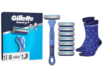 Набор подарочный Gillette Sensor3 Comfort, станок Sensor3 + Comfort, 8 картриджей, носки