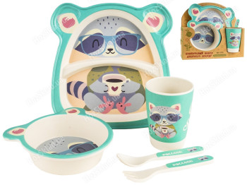 Набор детской бамбуковой посуды 3 предмета Енот (тарелка, вилка, ложка)