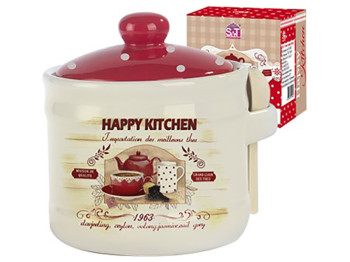 Банка для меда с деревянной ложкой Happy Kitchen керамическая 10х10х8,5см, 420мл