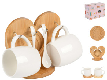 Набір чайний, чашка, ложка, підставка, порцеляна, бамбук, 200мл, колір білий (ціна за набір 5пр)