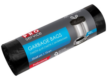 Пакети для сміття Pro service із затяжкою, 60л, 15шт, 55х64см, чорний HD
