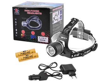 Фонарь налобный BL-2199-T6 ЗУ 220/12V, 2x18650, zoom, шипы, коробка