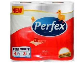 Папір туалетний Perfex Pure White, 3 шари, 4 рулони, 120 відривів, колір білий