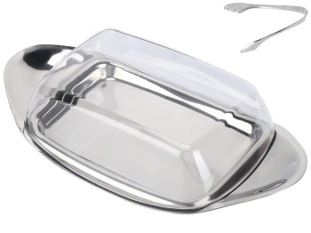 Маслянка, з кришкою та щипцями, нержавіюча сталь, скло, 24×12×5см