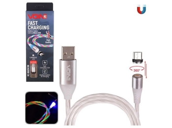 Кабель магнітний Multicolor LED Voin USB - Micro USB 3А, 2м, (швидка зарядка / передача даних)