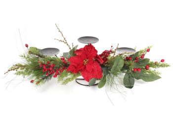 Подсвечник на три свечи с декором из хвои, цветов и красных ягод, 71см