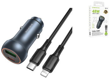 Автомобільний Зарядний Пристрій Borofone BZ32B 1USB/1USB-C QC/PD48W+Type-C to Lightning Колір Сiрий