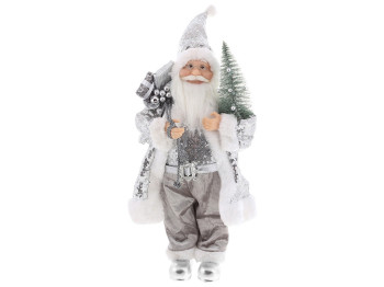 Новогодняя фигура Санта с подарками и елкой, цвет - серебристый с пайетками, 45см