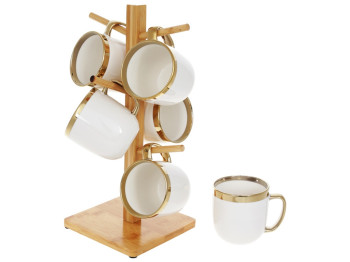 Набор кружек Золотая линия на бамбуковой подставке, цвет - белый, 320мл (цена за набор 6шт)