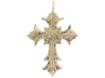 Украшение на елку Крест, цвет - золото с патиной, 15,3см