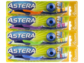 Зубная щетка Astera "Twister" medium с держателем, средней жесткости, цвета ассорти (цена за 1шт)