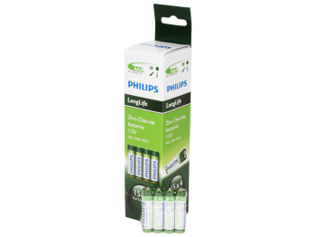 Батарейка солевая Philips "Long Life" , 1.5V, AAA, R03 (цена за спайку 4шт)