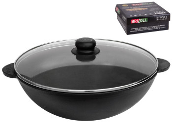 Сковорода чугунная WOK Brizoll стеклянная крышка 4,7л 31х36х16,6см W30-1