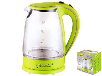 Чайник электрический Maestro GREEN стеклянный, дисковый нагреватель 2000Вт 1,7л