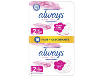 Прокладки Always Sensitive Super Plus ультратонкие без аромата с крылышками, 5 капель, 16шт