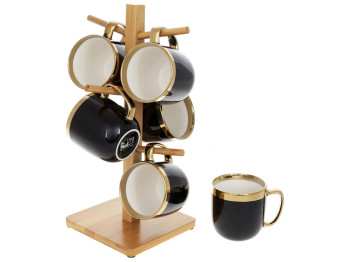 Набор кружек Золотая линия на бамбуковой подставке, цвет - черный, 320мл (цена за набор 6шт)