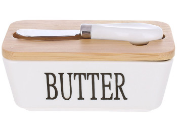 Маслянка порцелянова з бамбуковою кришкою та ножем для масла Butter 15*8.5*7.5см 289-419
