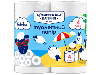 Туалетная бумага Кохавинская бумажная фабрика Хлопок Мальдивы, 4-слойная, 100% целлюлоза, 4 рулона