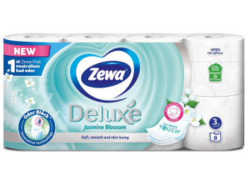 Папір туалетний Zewa Deluxe Жасмин, 150 листів, 3 шари, целюлоза, аромат жасмину, 8 рулонів