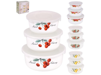 Набор салатников с крышками, стеклокерамика, 14/16,5/19,5см, 4 дизайна (цена за набор 3 предмета)