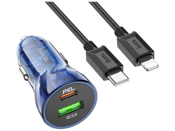 Автомобильное Зарядное Устройство Hoco Z47A Transparent PD30W+QC3.0 Type-C to Lightning, Прозрачный 