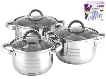 Набір каструль з кришкою Benson, з нержавіючої сталі, 2,1л, 2,9л, 3,9л (ціна за набір 6 предметів)