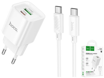Сетевое зарядное устройство Hoco C147A 1USB-C/1USB PD/QC 20W+Type-C to Type-C, цвет белый